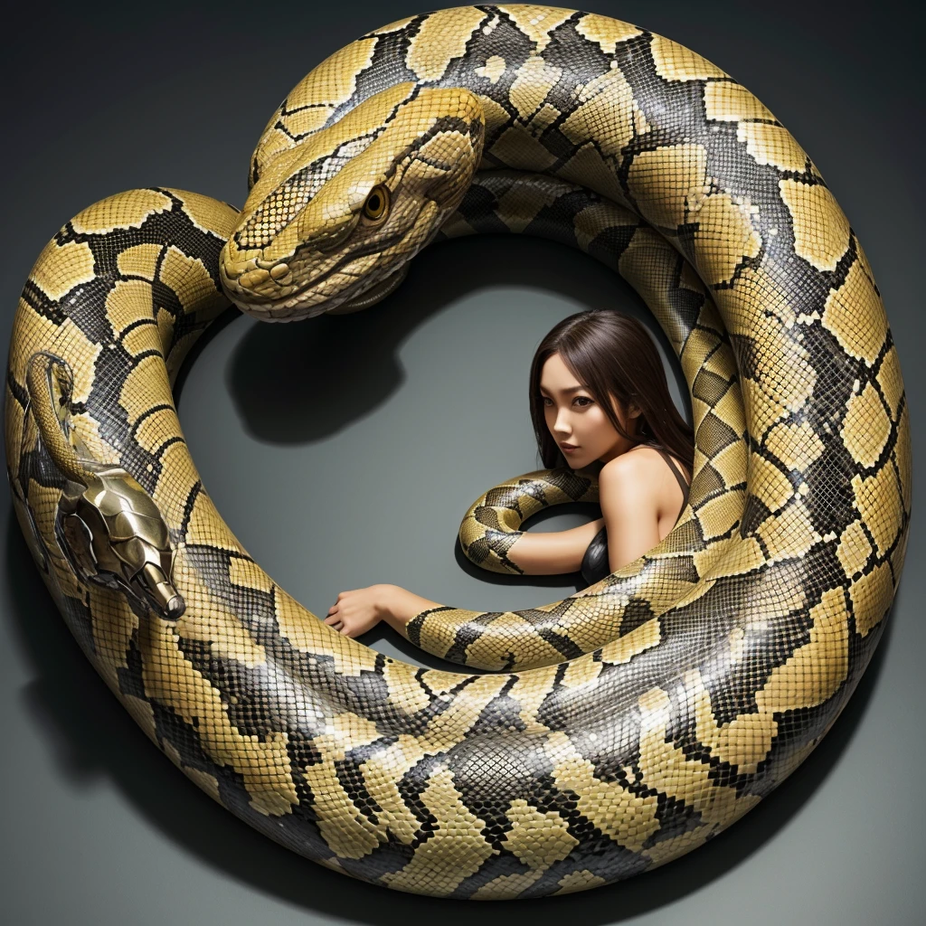 Lamia、Snake Woman、(Monster Girl)、The lower body is a snake、Snake&#39;s Tail、Tube top、Strapless、((Alluring cleavage))、((Big Breasts))、Ripe and lewd body、Red hair、Long Hair、blunt bangs、Hair clip、(Scaly Skin:1.5)、Waistline、clavicle、Belly button piercing、Decoration、bracelet、