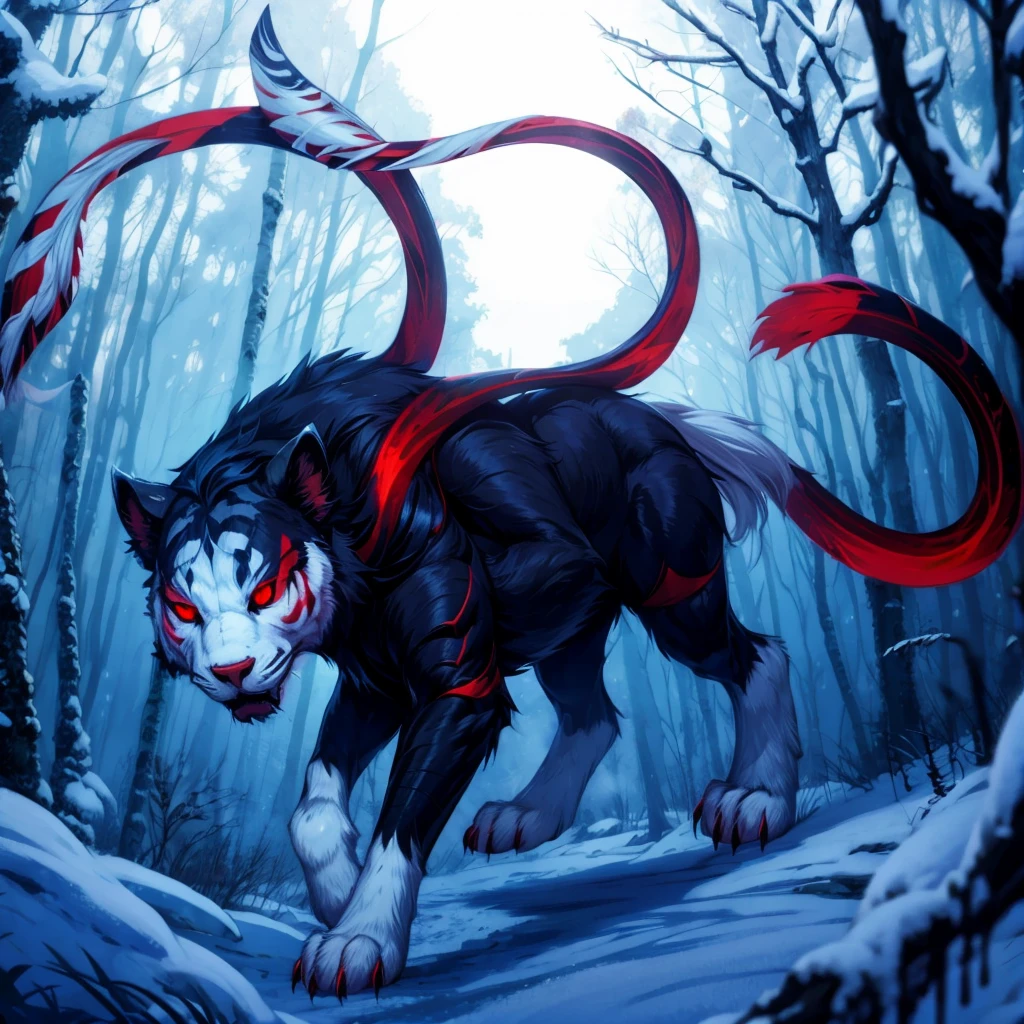 White wool, Red eyes, against the backdrop of a snowy forest