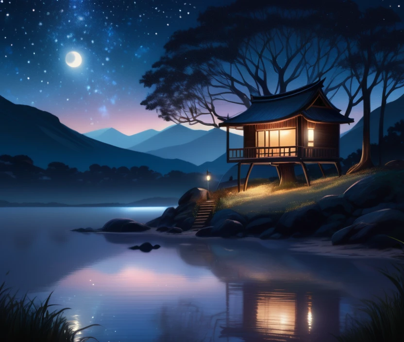 (a hot hut and tree medium landscope gently rises beneath a starry sky, a radiant moon and twinkling stars illuminate the entire scene, creating a mysterious and romantic atmosphere, the artwork utilizes a dark color palette and strong contrast to create striking light and shadow effects, the surface of the hot air hut and tree is adorned with shimmering details, adding a touch of elegance to the entire composition, best quality,ultra-detailed,realistic:1.37,moonlit,night scene,glowing stars,soft moonlight,subtle shadows,dimly lit foreground,hints of moonlight on the horizon,dark hues,contrasting light and dark,starlight reflections,glittering embellishments)