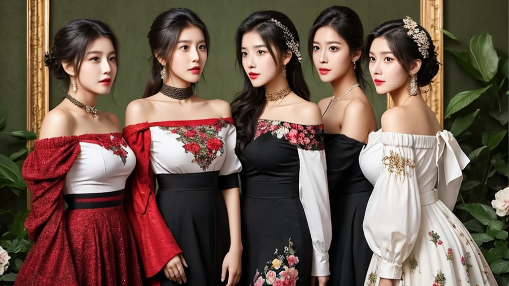 4 girl stands in a decorated setting, featuring a rich array of flowers in the background. They are wearing an off-shoulder top with puffy sleeves and a large central bow, adorned with intricate red and white patterns. A black neck choker with a black rose accent and a gold chain completes the look. Their hair is styled voluminously, topped with a black ribbon. Visible on their shoulder is a tattoo resembling a lion. The ensemble is completed with a dark-colored skirt.