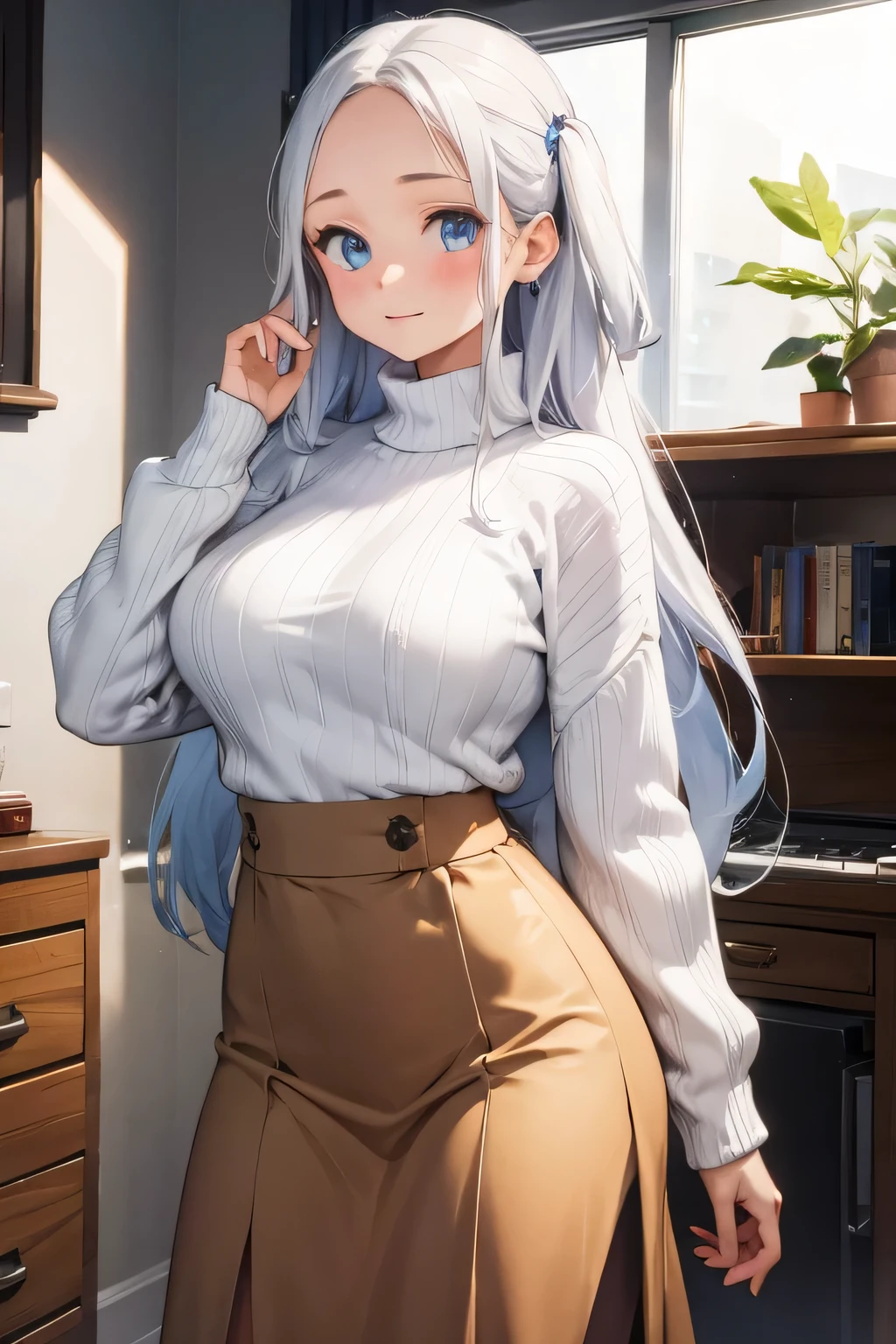 1 girl, single girl, cute, long white hair, light blue eyes, big breasts, big hips, fluffy wool sweater, long brown skirt,