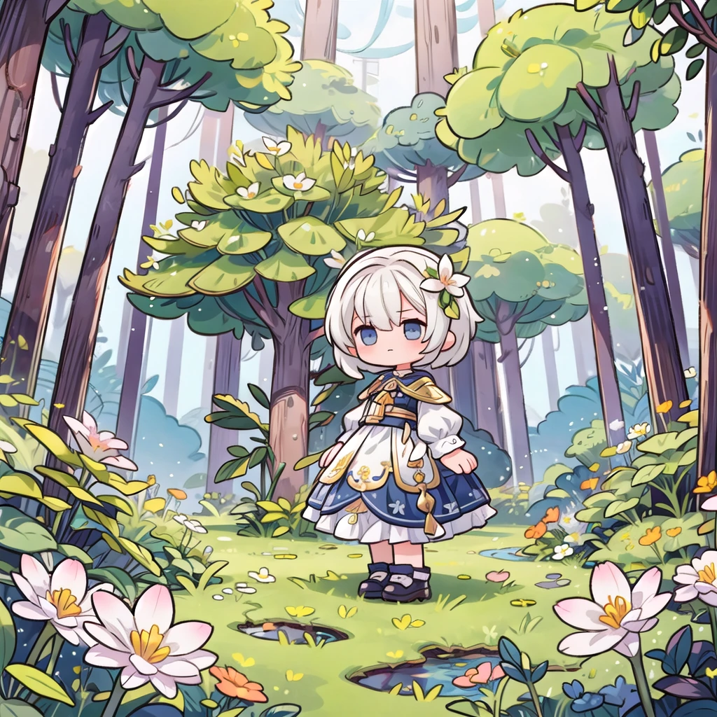 1girl, cloudy sky, dress, fantasy, flower, forest, grass, scenery, forest, simple, chibi,