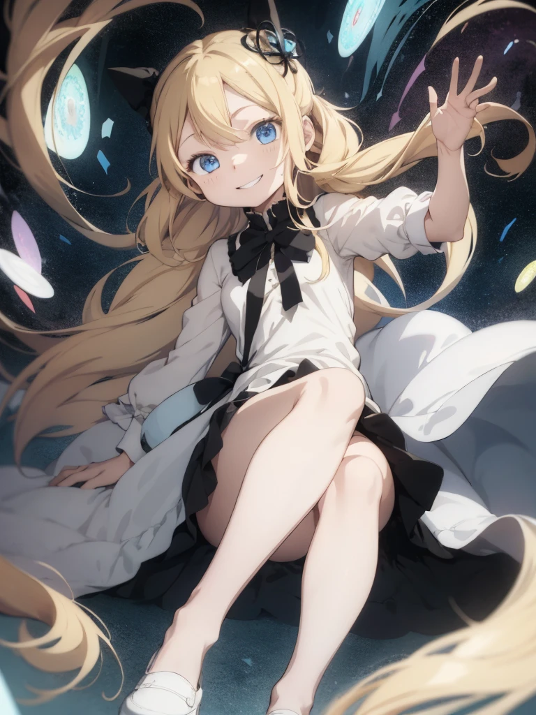 absurdres, uhd, best_quality:1.4, Very long term, Very large eyes, (toddlers), (Lori), Very small stature, long blonde hair, blue eyes, flat shoes, dress with empire waistline, pastel colored clothes, magia, A smile, Puella Magi Madoka,