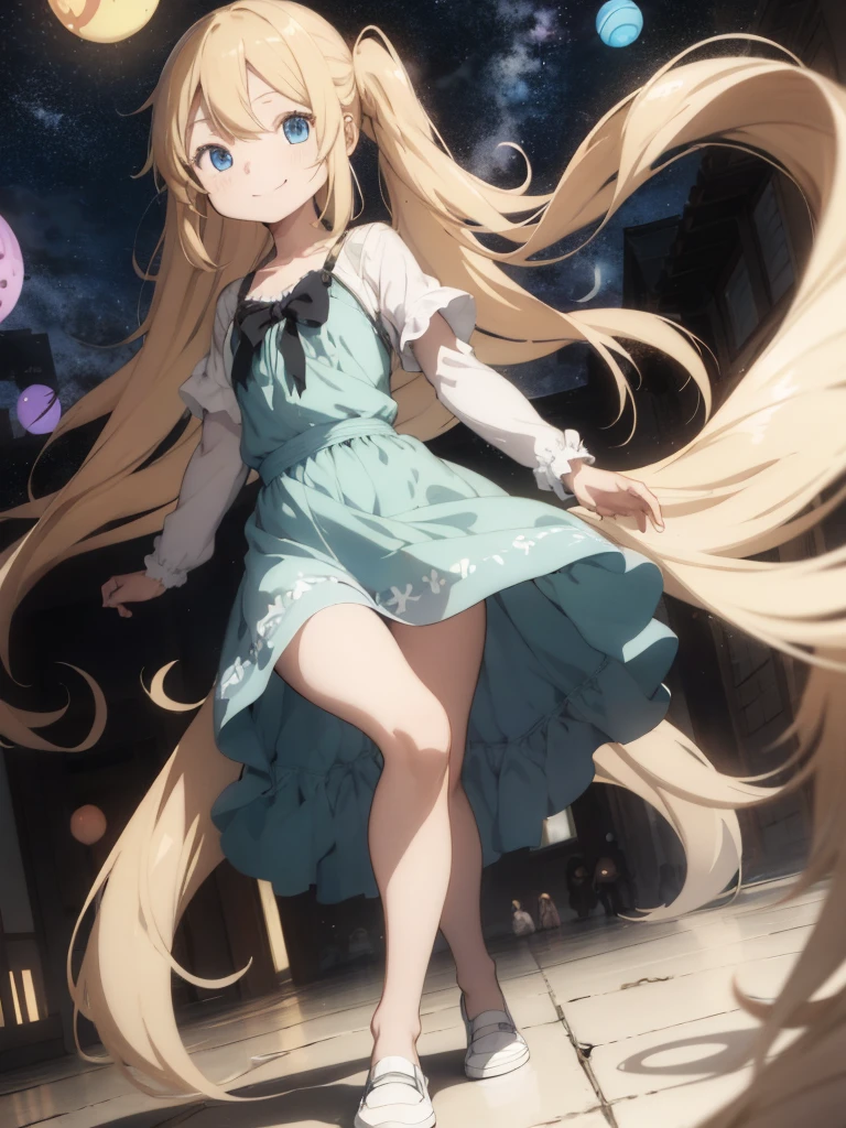 absurdres, uhd, best_quality:1.4, Very long term, Very large eyes, (toddlers), (Lori), Very small stature, long blonde hair, split bangs, parted bangs, blue eyes, flat shoes, dress with empire waistline, pastel colored clothes, magia, A smile, Puella Magi Madoka,