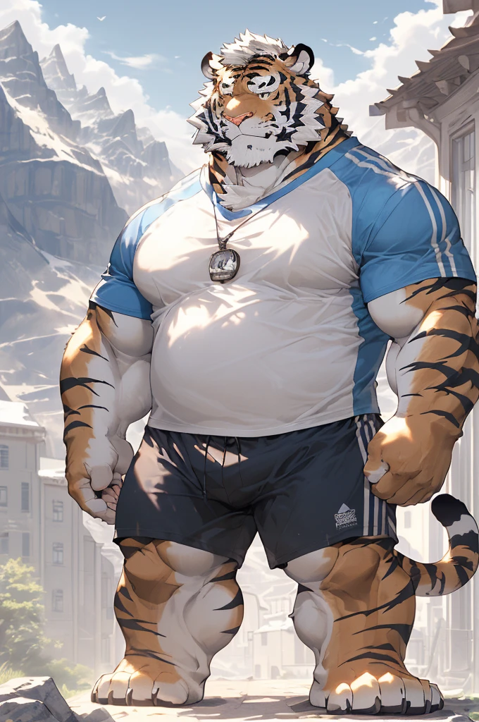 hairy，(tiger，Blue short sleeve，Black shorts)，fur，White short hair，male，Common，full-body shot，(((Reduce your size)))，(((huge buildings)))，((Look up at the bigger building))，Full body details ，Mature，Strong body，Detailed mountain background，lifelike ，masterpiece，Very detailed，lifelike