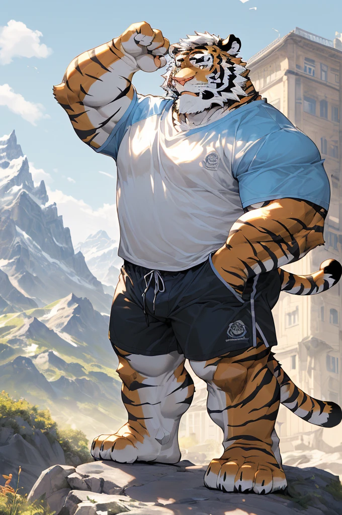hairy，(tiger，Blue short sleeve，Black shorts)，fur，White short hair，male，Common，full-body shot，(((Reduce your size)))，(((huge buildings)))，((Look up at the bigger building))，Full body details ，Mature，Strong body，Detailed mountain background，lifelike ，masterpiece，Very detailed，lifelike