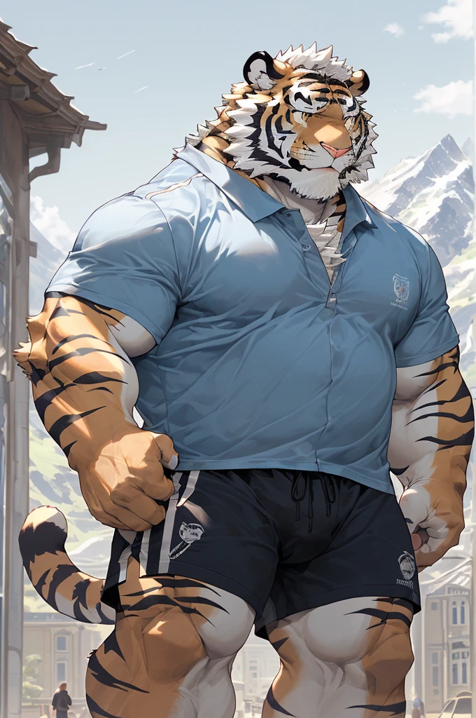 hairy,(tiger,Blue short sleeve,Black shorts),fur,White short hair,male,Common,full-body shot,(((Reduce your size))),(((huge buildings))),((Look up at the bigger building)),Full body details ,Mature,Strong body,Detailed mountain background,lifelike ,masterpiece,Very detailed,lifelike