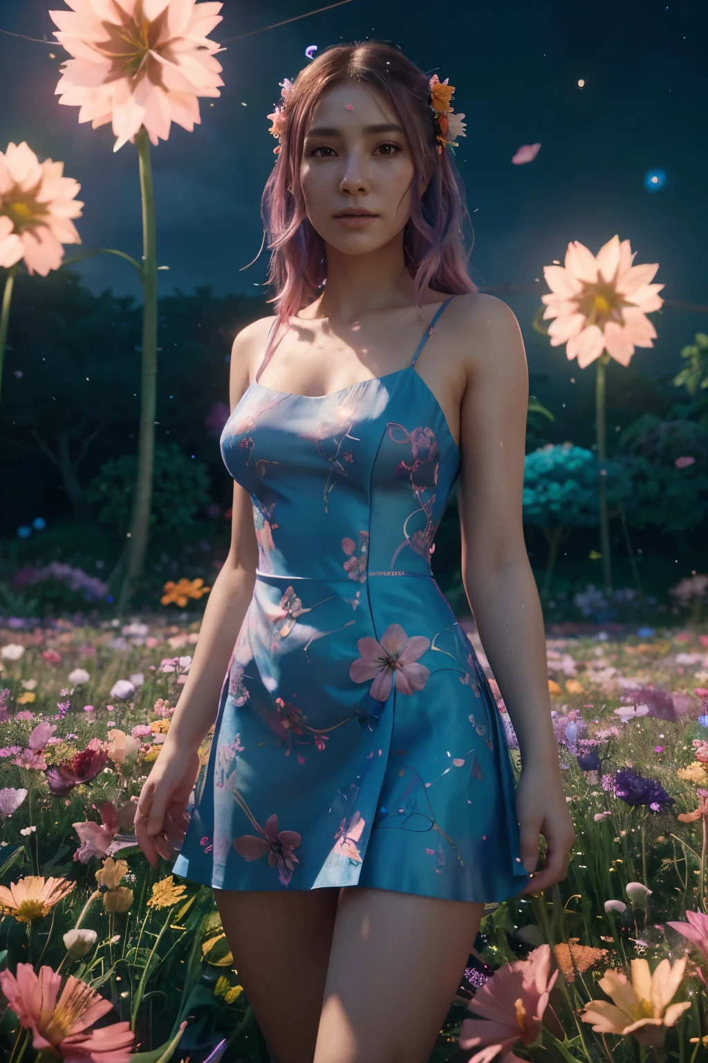 arafed woman in a field of flowers with a string of lights, 🌺 cgsociety, dreamy psychedelic anime, neon light and fantasy, lady with glowing flowers dress, (octane render) fantasy style, fantasy style 8 k octane render, ethereal flowerpunk, vibrant fantasy style, highly detailed surreal vfx, surreal waiizi flowers, lost in a dreamy fairy landscape