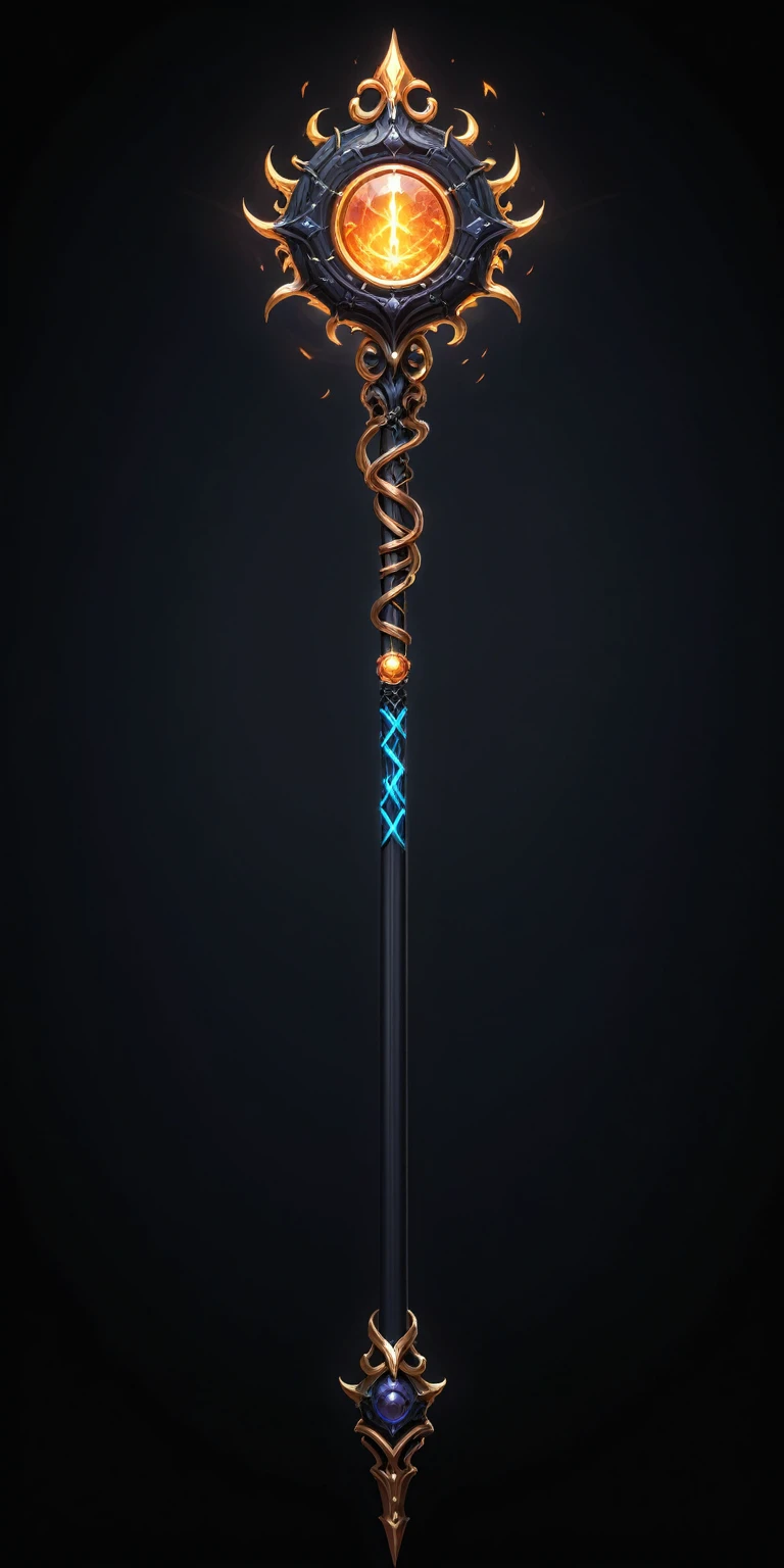 pixel art, cartoon illustration, Divine glavie greatstaff, Powerfull Magical theme, simple black background, RPG game icon