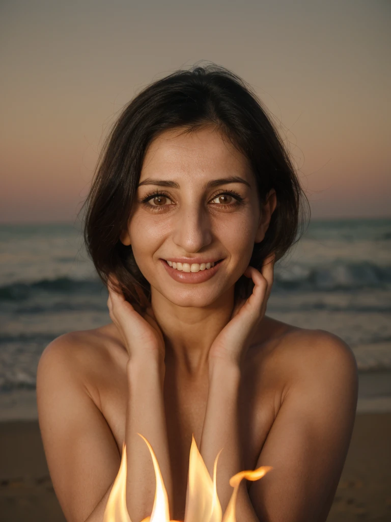 1girl, photorealistic, realistic, (ugly:1.2), ((realistic skin, wrinkles, blemishes)), (((Armenian woman, Armenian mature woman, Armenian featured))), (30 years old, 30-year-old woman, 30-year-old face, 30-year-old body), ((straight medium hair)), (((straight nose))), (green almond-shaped eyes), ((elongated face)), (((thin lips))), Let your face light up with a wide smile, crinkling your eyes at the corners and showing off your teeth. Radiate happiness and warmth, (((nudity))), (((she is fully naked))), Let your face light up with a wide smile, crinkling your eyes at the corners and showing off your teeth. Radiate happiness and warmth, (((she seductively stands beside a crackling bonfire on the beach, her silhouette flickering against the warm glow of the flames))), (((dynamic pose))), (((constant background))), (((half body shot)))