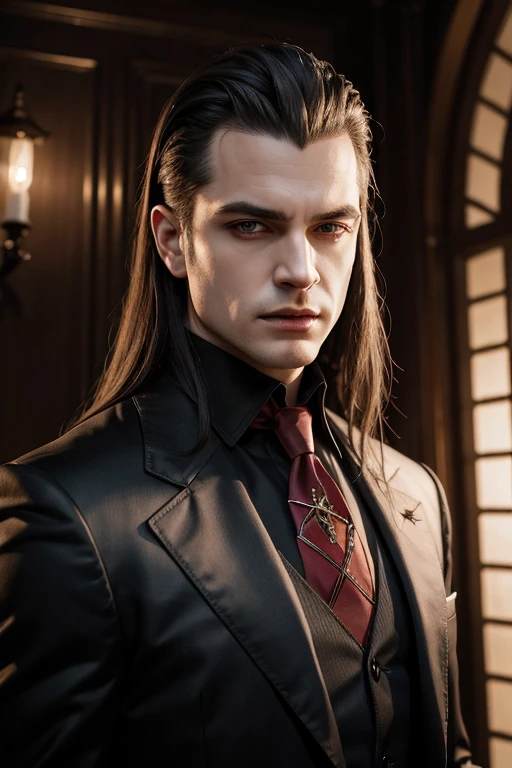 Create a super realistic image of the same vampire from the Tremere clan, de 'Vampiro: To Mask'. She's in a dark and narrow alley, at night, em uma cidade moderna. The vampire is dressed in dark and elegant clothes, adequadas para passar despercebida entre os humanos. Your red hair is loose, adding a subtle touch of color to the surrounding darkness. She has a calm and concentrated expression, while observing with interest a group of humans in the distance, sem qualquer agressividade aparente. The atmosphere is one of suspense and caution, with the dim light of the street lamps highlighting her pale face and her vampire fangs faintly visible. Ao fundo, urban buildings create a shadowy silhouette against the night sky.