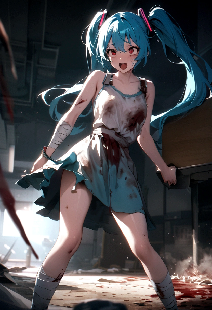 Drooping eyes、Drunk、Ahegao、Twin tails、Blue Hair、Twin tails、blunt bangs、Hatsune Miku、Hatsune Miku、Blue skin and face、masterpiece, highest quality, highest detail, 1 girl, BREAK, horror, (Small injured girl, blood, bleeding, injury), Shining white hair, jewel-like red eyes, anime highlight eyes, scarred clothes, dirty clothes, bloodstained clothes, scarred skin, battle damage, bandaged arms, bandaged legs, (Yandere:1.2), BREAK, The background is a modern hospital, a collapsed hospital, BREAK, movie lighting, action movie poster, dynamic, beautiful girl action actor, motion blur, depth of field, 35mm, Sony FE, 1girl,