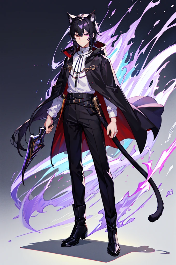 Black Hair少年，Around ，Black Hair，Cat ear，Cat tail，Purple cloak，Heterochromia，Red left eye，Blue right eye，White shirt，Purple cloak，Standing，whole body，For the audience，White background，masterpiece，HD，4k，Detailed facial depiction，Black trousers，Black boots，Black Hair，White background（1:5）