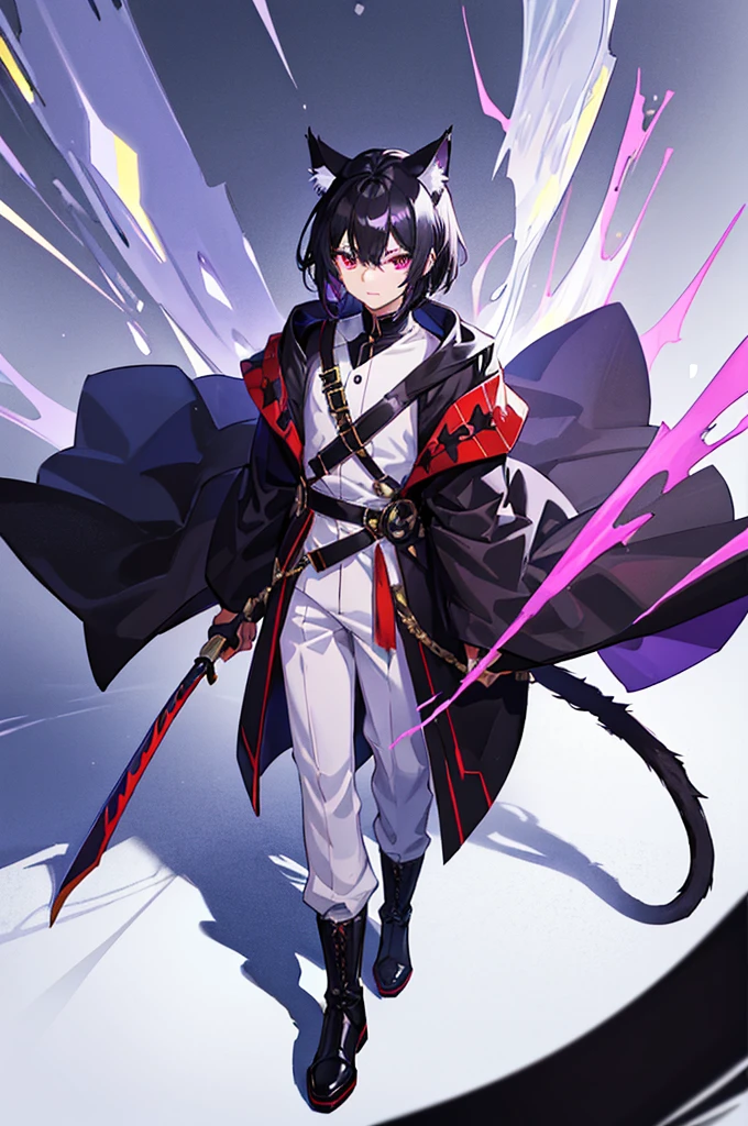 Black Hair少年,Around fifteen years old,Black Hair,Cat ear,Cat tail,Purple cloak,Heterochromia,Red left eye,Blue right eye,White shirt,Purple cloak,Standing,whole body,For the audience,White background,masterpiece,HD,4k,Detailed facial depiction,Black trousers,Black boots,Black Hair,White background(1:5)