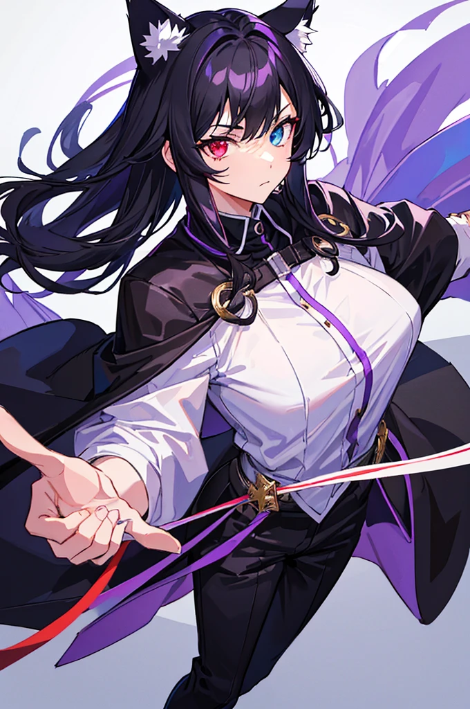 Black Hair少年,Around fifteen years old,Black Hair,Cat ear,Cat tail,Purple cloak,Heterochromia,Red left eye,Blue right eye,White shirt,Purple cloak,Standing,whole body,For the audience,White background,masterpiece,HD,4k,Detailed facial depiction,Black trousers,Black boots,Black Hair,White background(1:5)