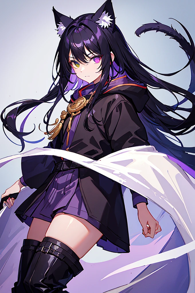 Black Hair少年,Around fifteen years old,Black Hair,Cat ear,Cat tail,Purple cloak,Heterochromia,Red left eye,Blue right eye,White shirt,Purple cloak,Standing,whole body,For the audience,White background,masterpiece,HD,4k,Detailed facial depiction,Black trousers,Black boots,Black Hair,White background(1:5)