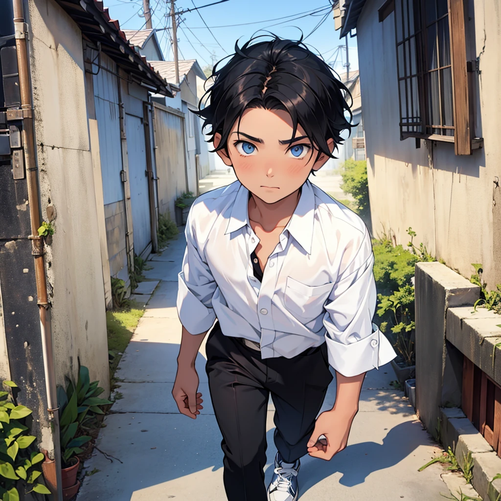 a photo of Kichirō Grigoris, a old boy, brunette, with black hair, blue eyes, white blouse, black pants, white sneakers, loking at the camera
