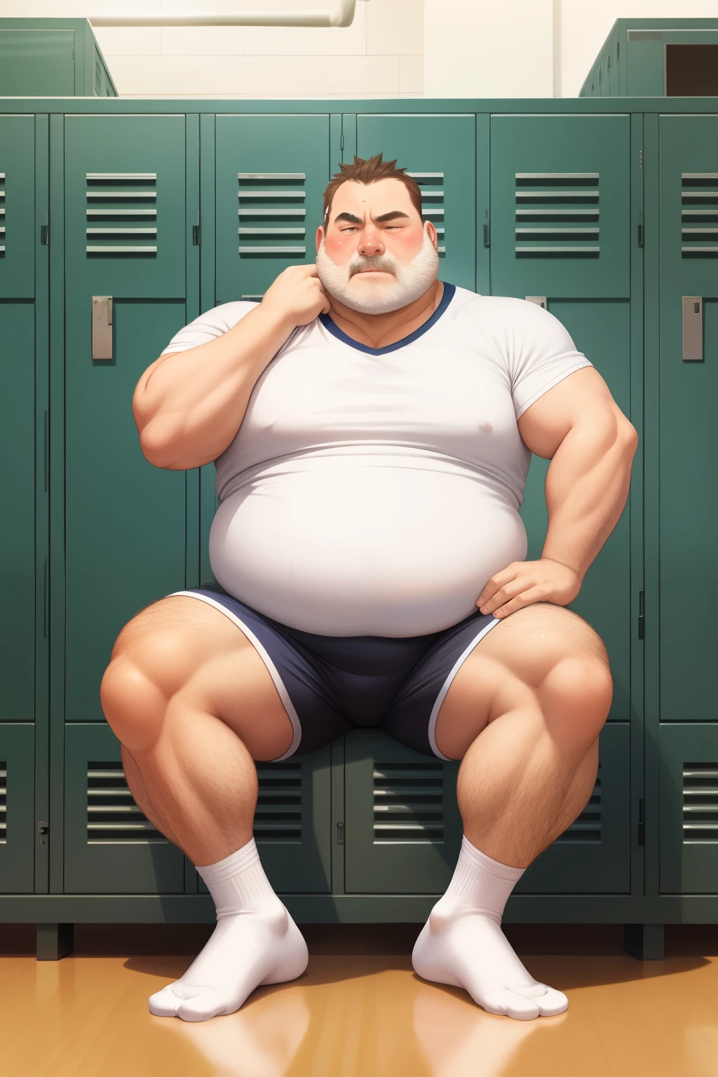 best quality, masterpiece, High resolution,，Middle-aged men，Strong and fat，Sports white socks，Sitting，Sweating，Sports students，locker room，Detailed background，Blushing shy，Body hair，Sexy，Thick Legs，，Sexy。