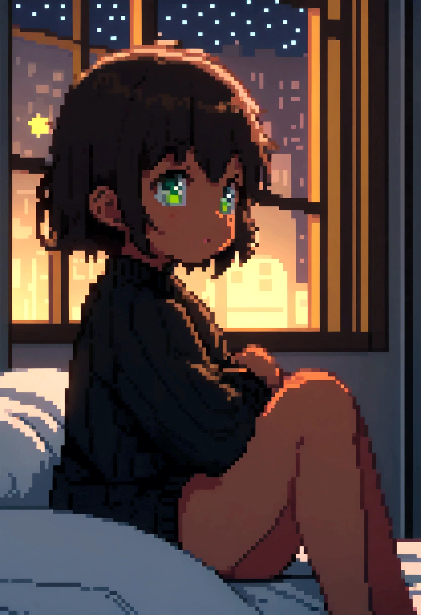 li, short hair, dark hair, tan, green eyes, black sweater, bare legs, Sitting on the bed looking at the window, it's night, The night is full of bright stars, From the window you can see buildings with their windows open,