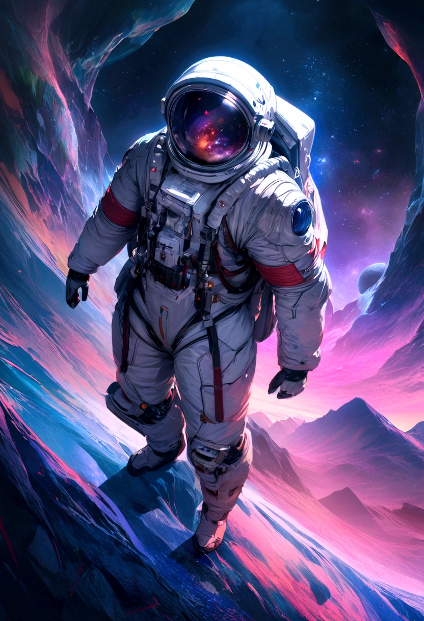 an astronaut standing in a lush field, nomanssky style wallpaper, 4K high resolution concept art beautiful masterpiece,abstract dream, space, intricate, large scale, alone, cinematic film still, Insane detail, sharp focus, depth of field , realistic lighting, (realistic perspective), complex, (multiple subjects), 4k HDR,