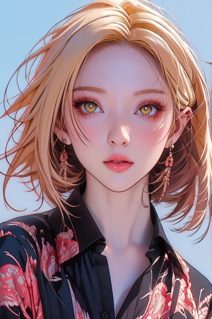 anime girl with yellow hair and blue eyes posing for a picture, anime style illustration, glowing yellow face, digital anime illustration, stunning anime face portrait, yellow eyes, artstyle : ilya kuvshinov, clean detailed anime art, yellow hair, anime style portrait, portrait a woman like reol, illya kuvshinov, digital art ilya kuvshinov