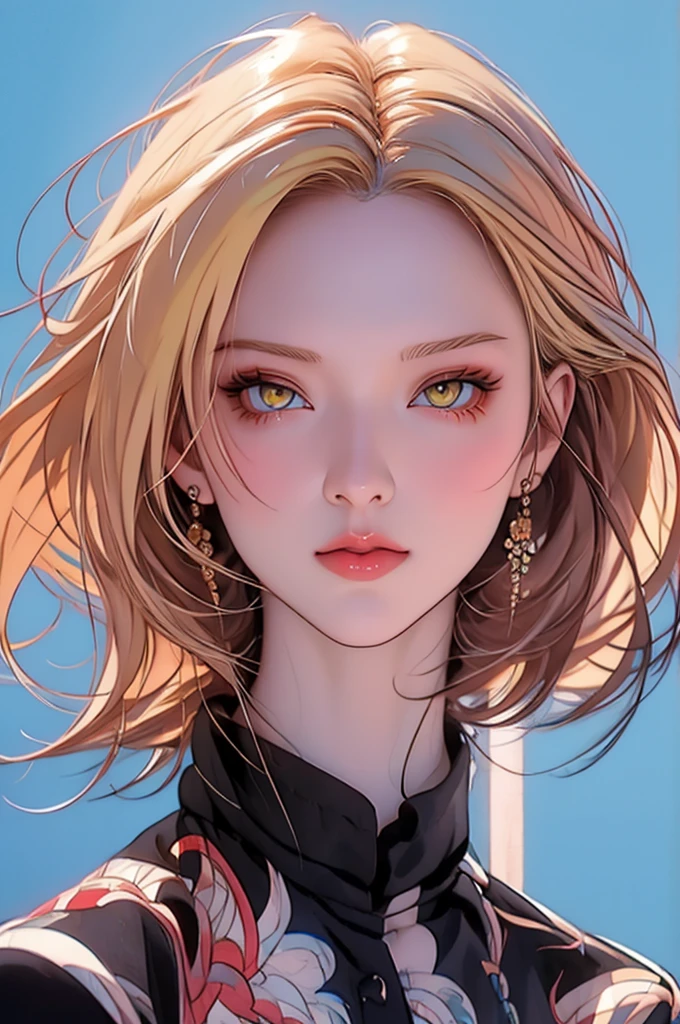 anime girl with yellow hair and blue eyes posing for a picture, anime style illustration, glowing yellow face, digital anime illustration, stunning anime face portrait, yellow eyes, artstyle : ilya kuvshinov, clean detailed anime art, yellow hair, anime style portrait, portrait a woman like reol, illya kuvshinov, digital art ilya kuvshinov