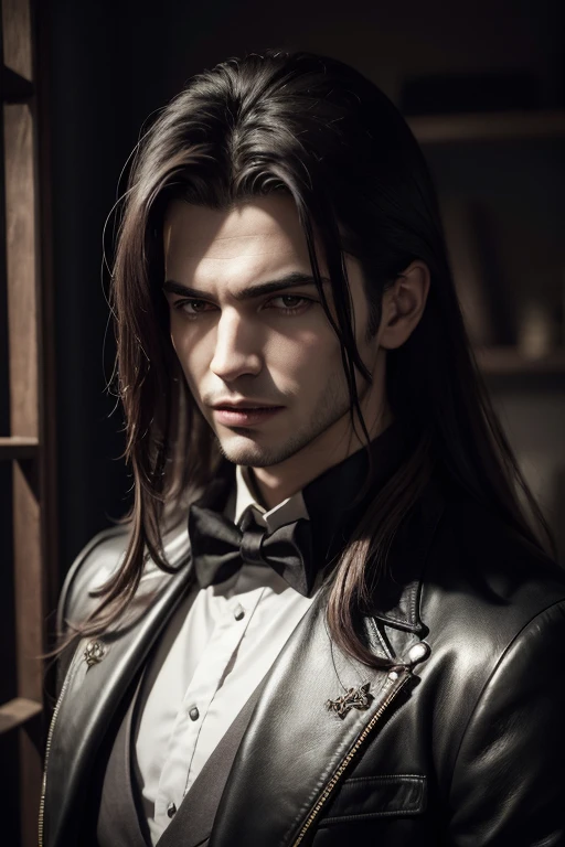 Create a super realistic image of the same vampire from the Tremere clan, de 'Vampiro: To Mask'. She's in a different environment: uma biblioteca antiga e sombria, repleta de estantes altas cheias de livros antigos e empoeirados. The vampire is standing, explorando os corredores da biblioteca com interesse, holding an old leather-bound book in his hand. She is dressed in a stunning evening gown, elegante e luxuoso, adequado para uma noite no teatro ou em um evento chique. The dress is complemented by details in shades of red., harmonizing with her red-toned hair. The vampire has a concentrated and thoughtful expression, while the dim candlelight highlights her pale face and her faintly visible vampire fangs. The atmosphere around her is almost palpably silent., with an air of mystery and wisdom accumulated over the centuries