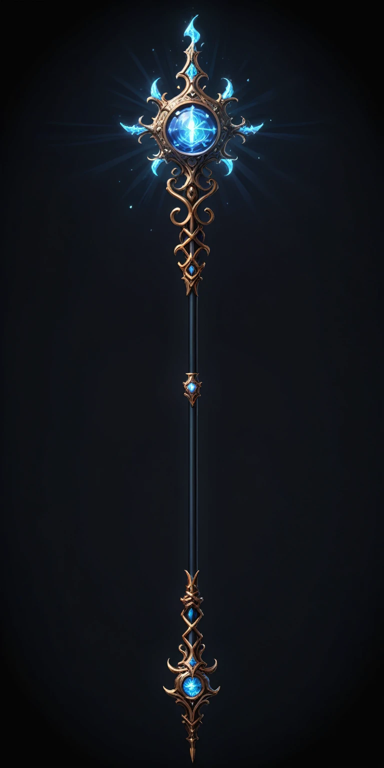 pixel art, cartoon illustration, Divine glavie greatstaff, Powerfull Magical theme, simple black background, RPG game icon 