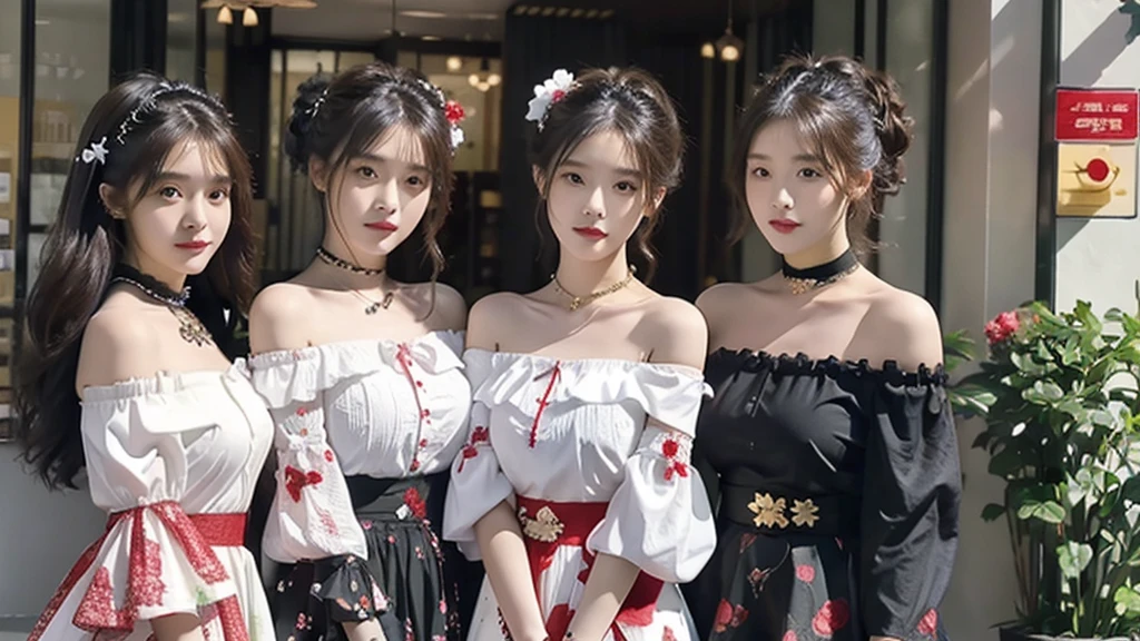 3 girl stand in a decorated setting, featuring a rich array of flowers in the background. They are wearing an off-shoulder top with puffy sleeves and a large central bow, adorned with intricate red and white patterns. A black neck choker with a black rose accent and a gold chain completes the look. Their hair is styled voluminously, topped with a black ribbon. Visible on their shoulder is a tattoo resembling a lion. The ensemble is completed with a dark-colored skirt.