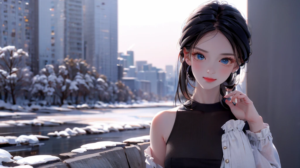 1 girl, medium light black hair, light blue eyes, wearing Sexy outfit , night city , Sexy , high res, ultrasharp, 8K, masterpiece, Looking from the front 18+