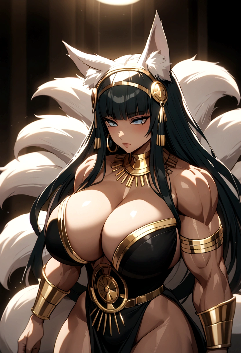 Cleopatra with extreme muscular body, huge breasts, fair skin, wearing kyuubi outfit, fox ears and 9 fluffy tails.