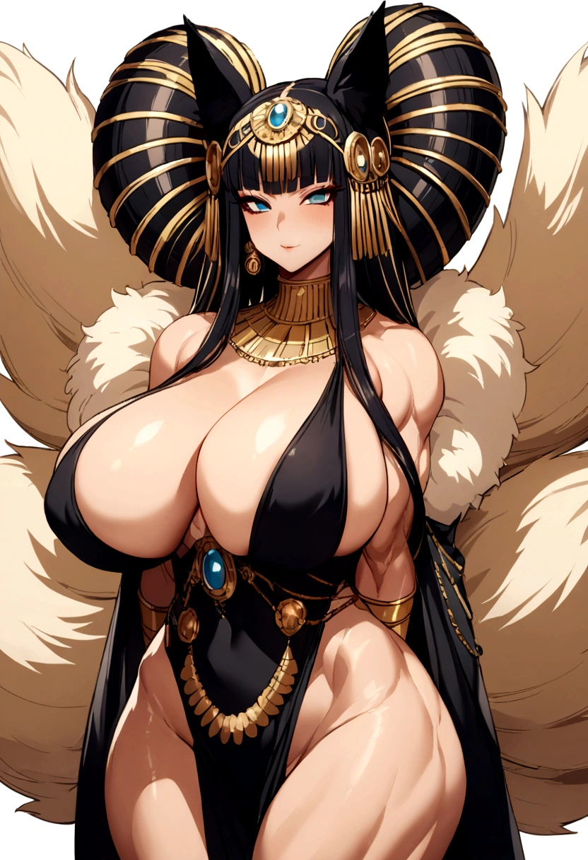 Cleopatra with extreme muscular body, huge breasts, fair skin, wearing kyuubi outfit, fox ears and 9 fluffy tails.