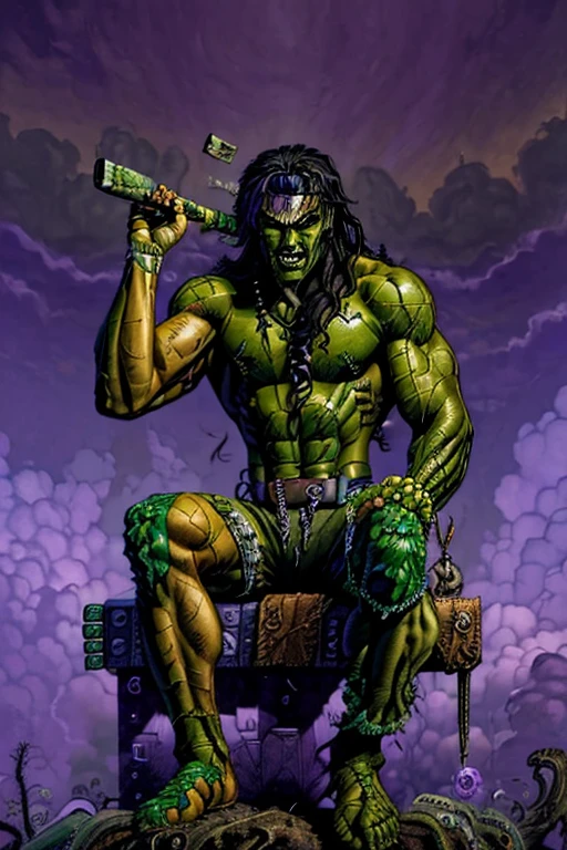 (Male of Caucasian origin).A ((muscular:1.3)) ((green skin:1.2)) ((zombie)), (missing left eye), long brown dreadlocks, rotting flesh, purple headband, purple shorts, athletic shoes, ((cigarillo in his mouth)) with massive clouds of purple smoke. smoke coming out of the left eye socket. Stoner.