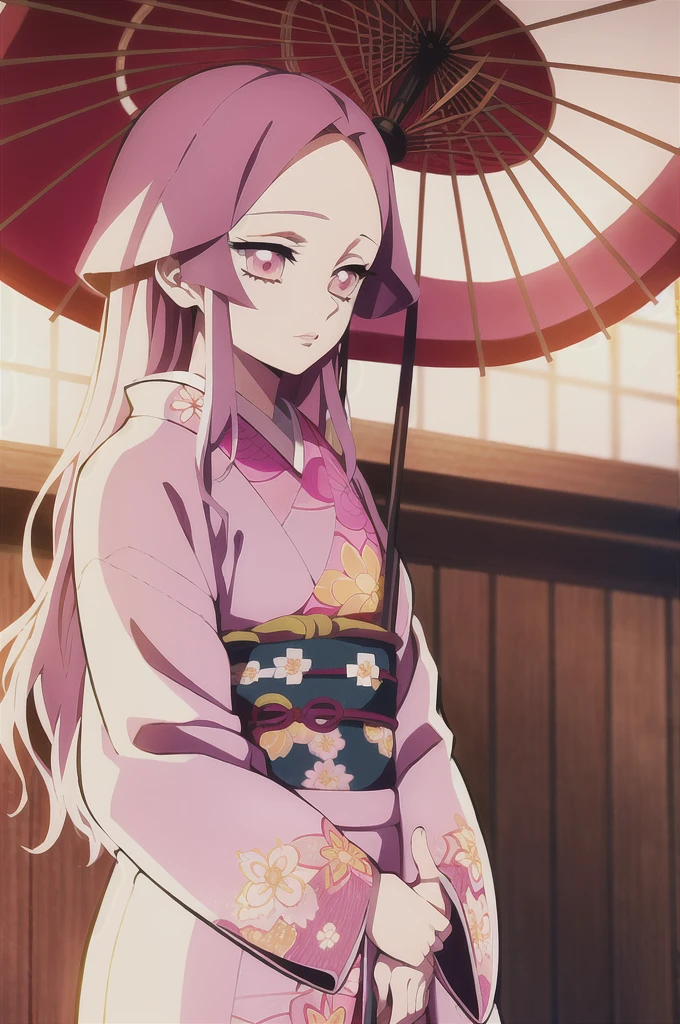 kimetsu no yaiba style,1girl, mature lady, solo, japanese clothes, kimono, pink eyes, long straight hair, hair over shoulder, floral print, light pink hair, holding umbrella, upper body, anime coloring,  ((masterpiece)) 