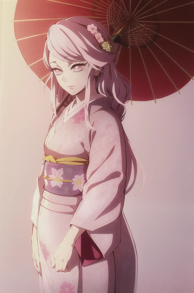 kimetsu no yaiba style,1girl, mature lady, solo, japanese clothes, kimono, pink eyes, long straight hair, hair over shoulder, floral print, light pink hair, holding umbrella, upper body, anime coloring, ((masterpiece))
