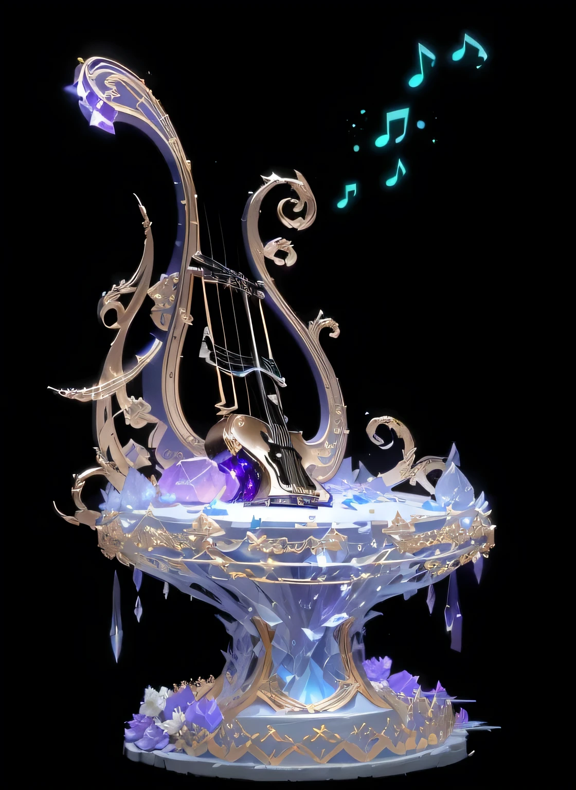 There is a cake with musical notes and a guitar on it, Fantasy Violin, (Fantasy Violin), Glowing throne, Guitar concept art, Gorgeous and smooth, Similar to the style of cytus and deemo, magical composition, Exquisite and gorgeous, zombie bride art style, on a throne of crystals, Magic glass container pictures, glow concept art, Concept works