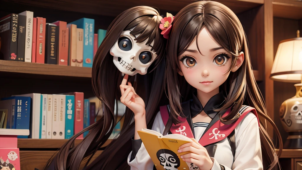 ((japanese 3d style manga anime artwork)) (((textile & face natural shading))), (((Best Quality))), (((masterpiece))), (((cartoon style with natural dramatic shade))) 1 girl visual, manga environtment art (A girl with mexican de los muertos style skull face painting on her face), (full body standing on the bookshelf, stylish cool gesture), long brown wavy hair. The image depicts a 3d cartoon anime-pixar style character of a female skull hold a book wearing japanese high school sailor uniform, with mini skirt & long black stocking & white sneakers, located at conventional library full of book shelf. ultra high definition, 8K