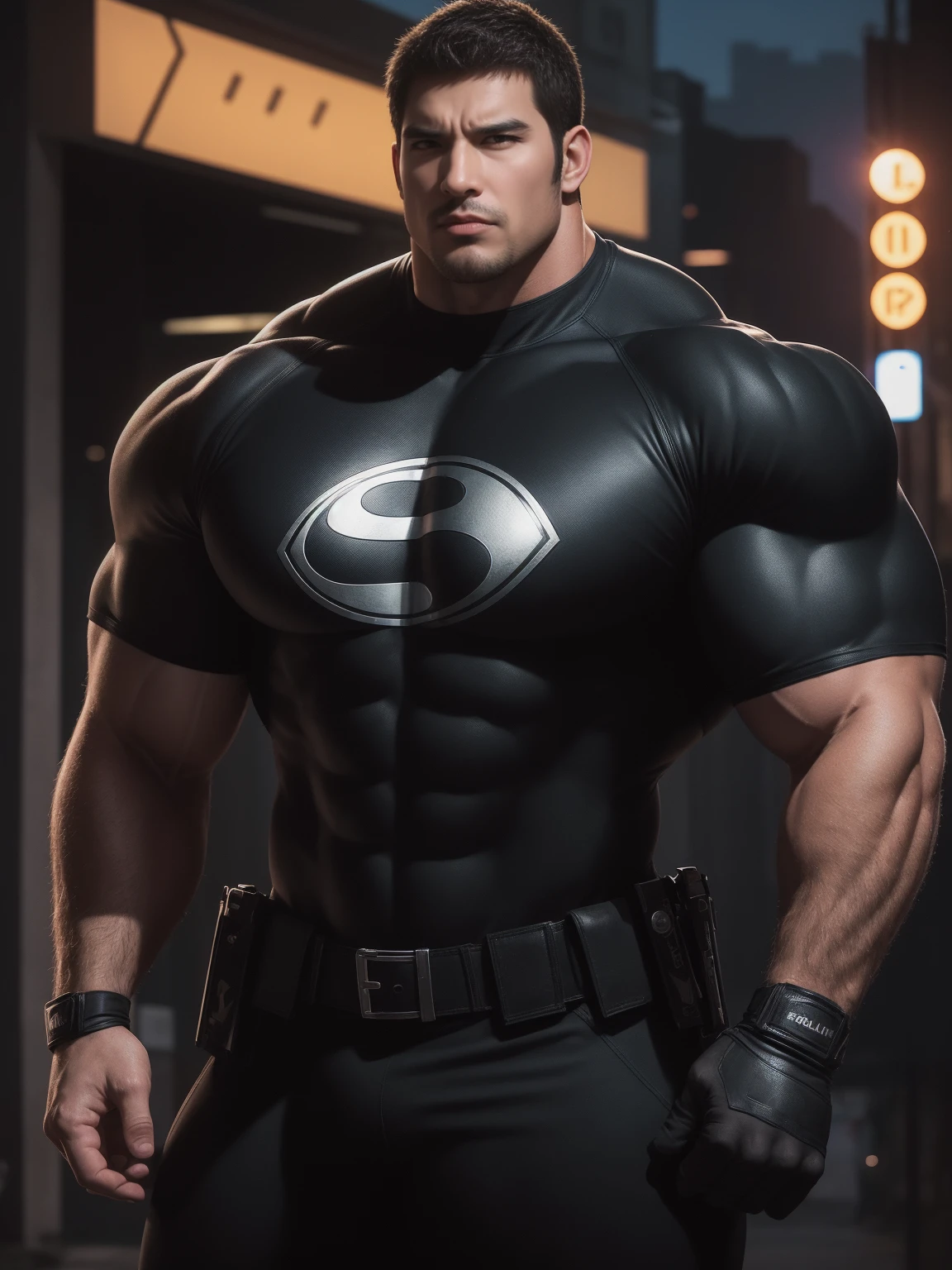 One Tall giant muscular police officer, outdoors on the street, Brown Superhero Bodysuit, The expression is arrogant, Lift your chin, messy hair, Thick thighs, Brown Superhero Bodysuit, very tight, Regular symmetrical pattern, Highlight muscles, Police uniform pants, character concept(Resident Evil - chris redfield, chris redfield)A proud expression, Deep and charming eyes, Valiant male pose, tall Burly, muscular!muscular thighs, Tough Guy, Perfect facial features, High, Burly, Heqiang, Super attractive and cool, High Resolution Committee, Charismatic strongman, Moonlight is bright,