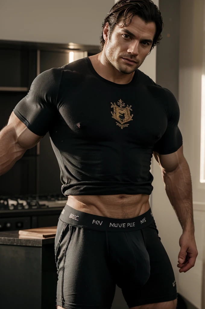 Henry cavill,guapo, musculoso,sudado,bastante vello corporal, macho,pectorales grandes,usando un boxer negro