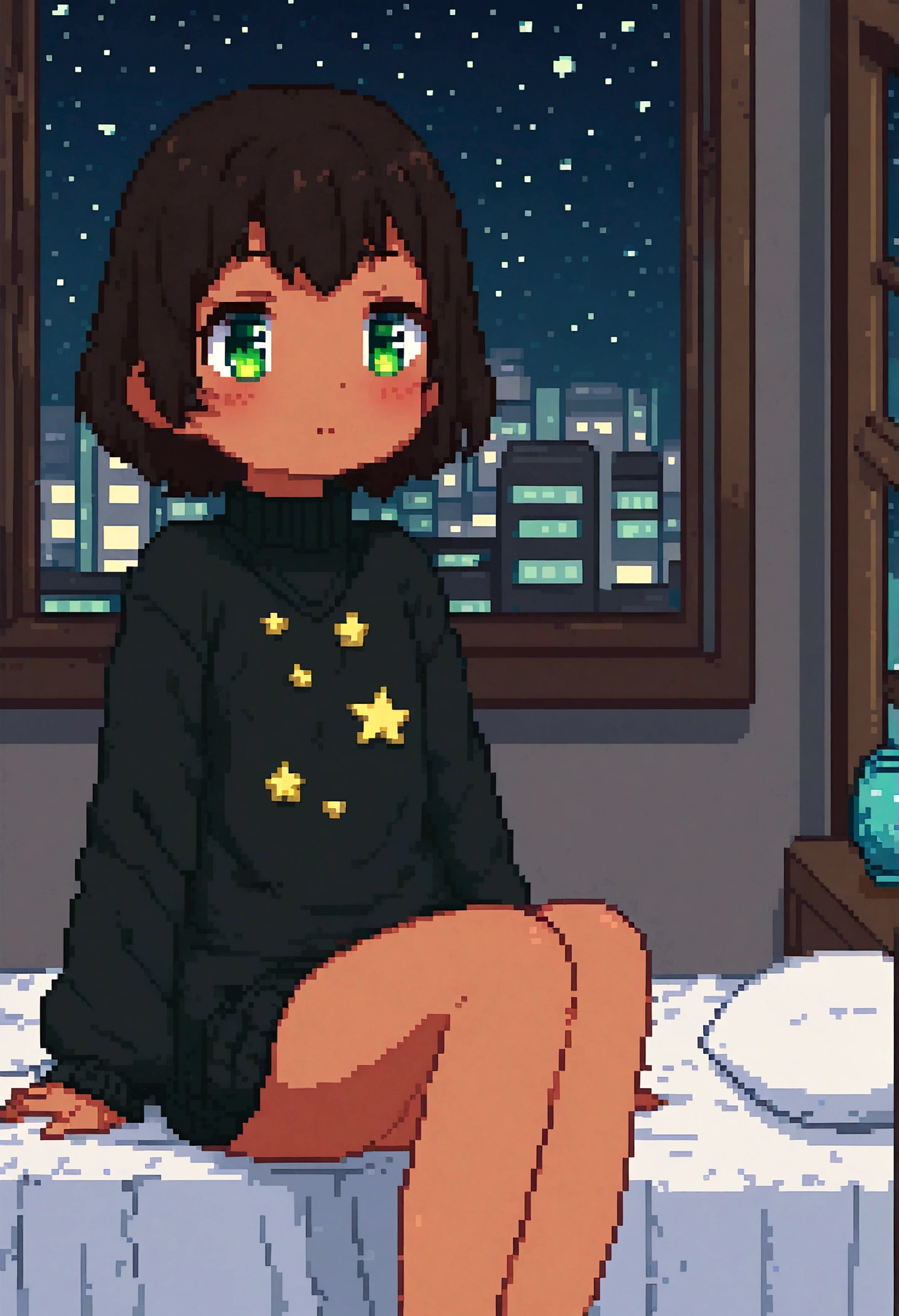 li, short hair, dark hair, tan, green eyes, black sweater, bare legs, Sitting on the bed looking at the window, it's night, The night is full of bright stars, From the window you can see buildings with their windows open,