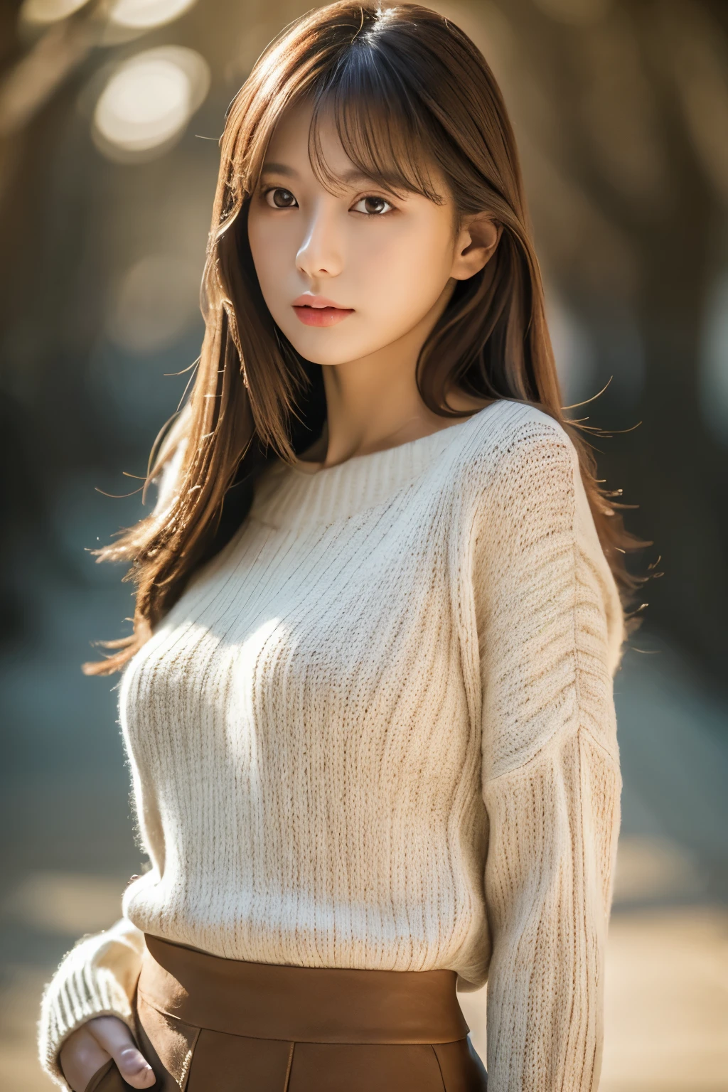Masterpiece, top-quality, high resolution, Photorealsitic, sharp, Raw photography, 8K wallpaper, flawless, Professional lighting, highly detailed, depth of fields, Pale solid color background, ((one beautiful women, Skinny Japanese mature)), (20 years old), Sexy, Detailed face, beautidful eyes, bangs, small breasts, very thin waist, Light Brown Straight Hair, Faint lips, ((standing at front, Staring at the viewer, serious face eyes.)), Sweaters, skirt, (full-body photo), cowboy shot