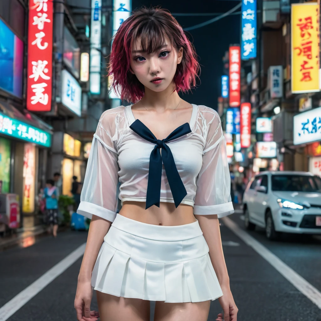 (8k, RAW photo, masterpiece:1.3), (realistic, photo-realistic:1.37), (night), (looking at viewer:1.331), (bloody hair), posing, Tokyo street, nightcityscape, cyberpunk city, soft light, topless girl, extremely beautiful face, bust, put down hands, Random hairstyle, Random expression, big eyes, lower abdomen, (short-sleeved .JK_shirt), JK_style, (white sheer JK_skirt), (bow JK_tie), mix4., best quality