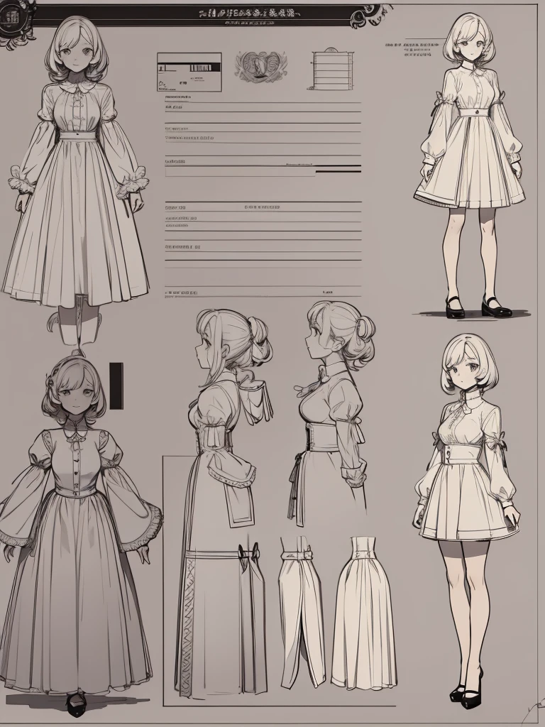 cute, standing lady, three view drawing, front and back and side, character sheet,full body,simple background