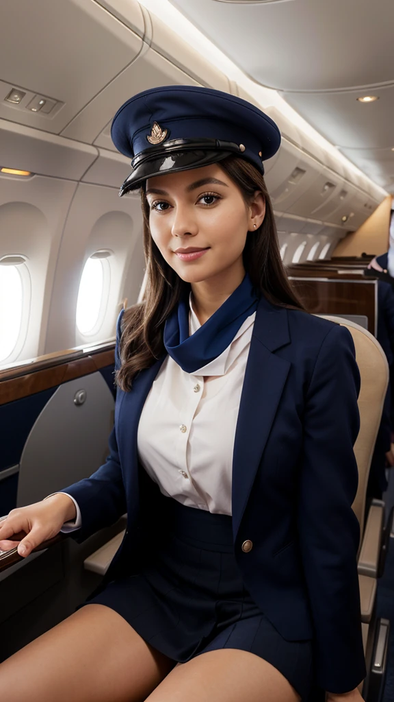 *Uniform:** Navy blue skirt suit, white blouse, neck scarf, matching hat.
2. **Setting:** Luxury airplane cabin with first-class seats.
3. **Poses:**
   - Standing in the aisle with a welcoming smile.
   - Adjusting her neck scarf while looking in the mirror.
   - Offering a tray of drinks to passengers.
   - Sitting gracefully in a jump seat.
4. **Expressions:** Professional, warm, and approachable.
5. **Lighting:** Soft and natural to highlight the elegance of the uniform and setting.
