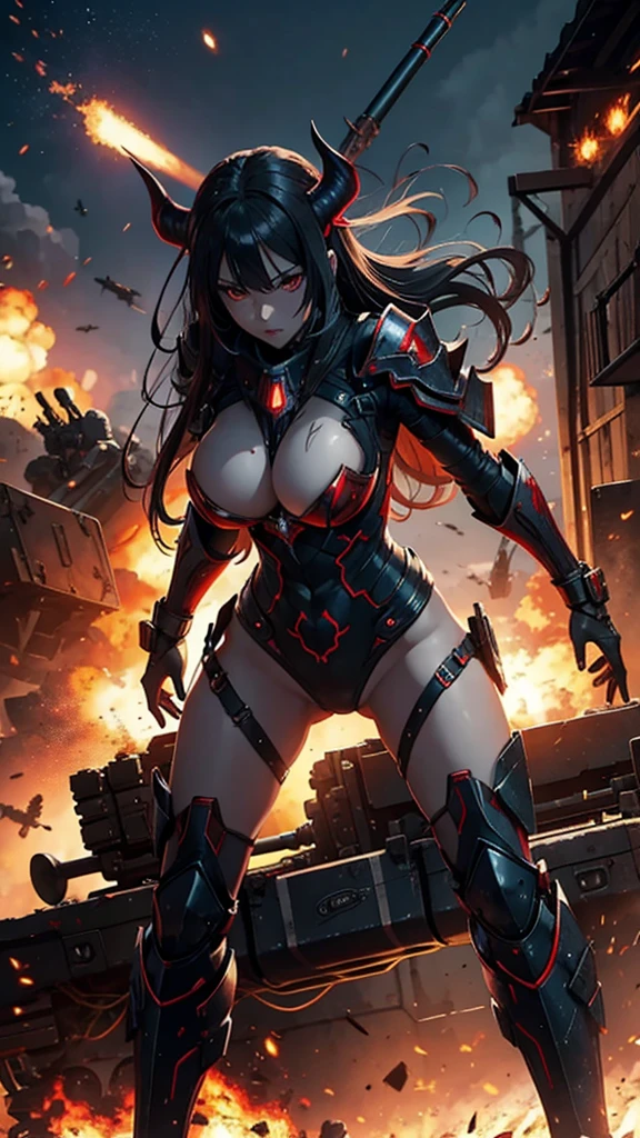 A succubus in armor firing a heavy machine gun in a war, big battle war, shooting, bloody, explosions.