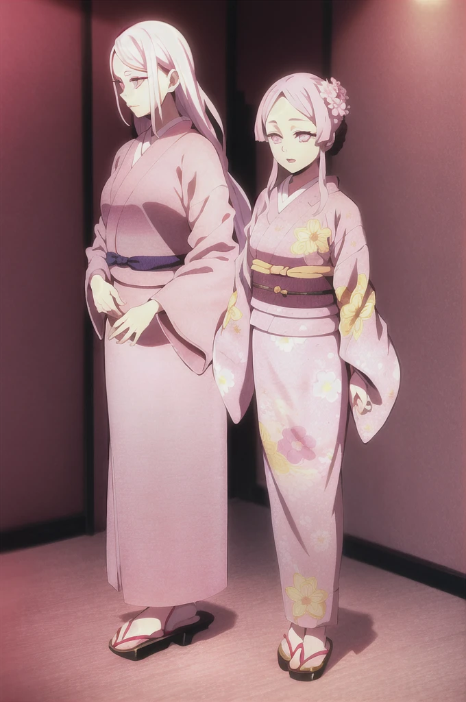 kimetsu no yaiba style,1girl, mature lady, solo, japanese clothes, kimono, pink eyes, long straight hair, hair over shoulder, floral print, light pink hair, full body, thrusting lance, anime coloring, ((masterpiece))
