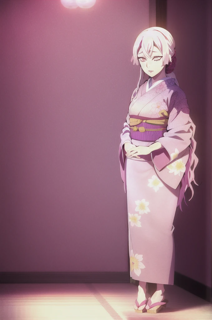 kimetsu no yaiba style,1girl, mature lady, solo, japanese clothes, kimono, pink eyes, long straight hair, hair over shoulder, floral print, light pink hair, full body, thrusting lance, anime coloring,  ((masterpiece)) 