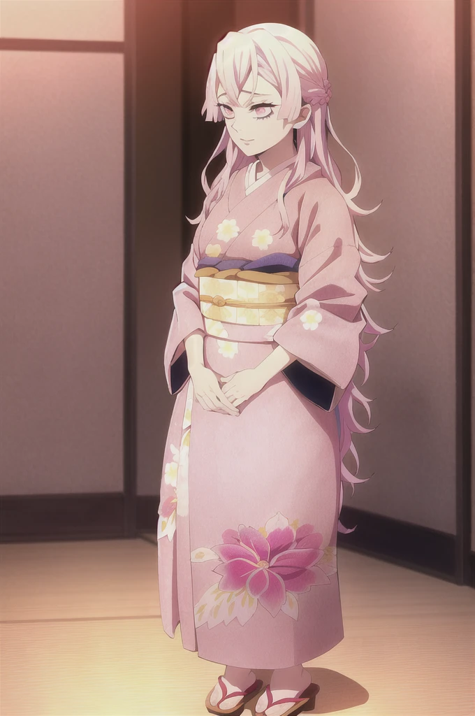 kimetsu no yaiba style,1girl, mature lady, solo, japanese clothes, kimono, pink eyes, long straight hair, hair over shoulder, floral print, light pink hair, full body, thrusting lance, anime coloring, ((masterpiece))