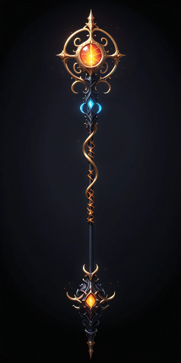 pixel art, cartoon illustration, Divine glavie greatstaff, Powerfull Magical theme, simple black background, RPG game icon