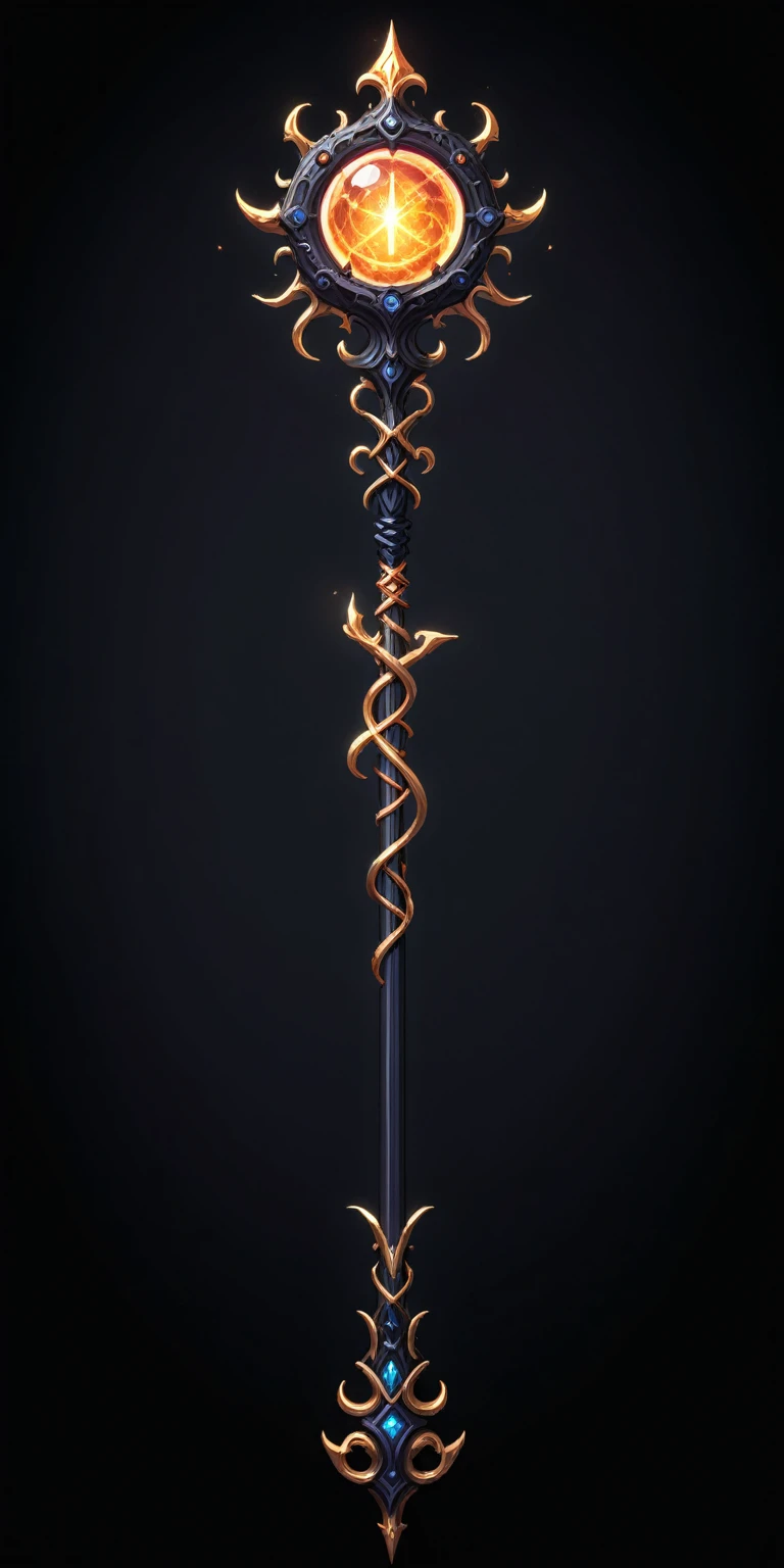 pixel art, cartoon illustration, Divine glavie greatstaff, Powerfull Magical theme, simple black background, RPG game icon